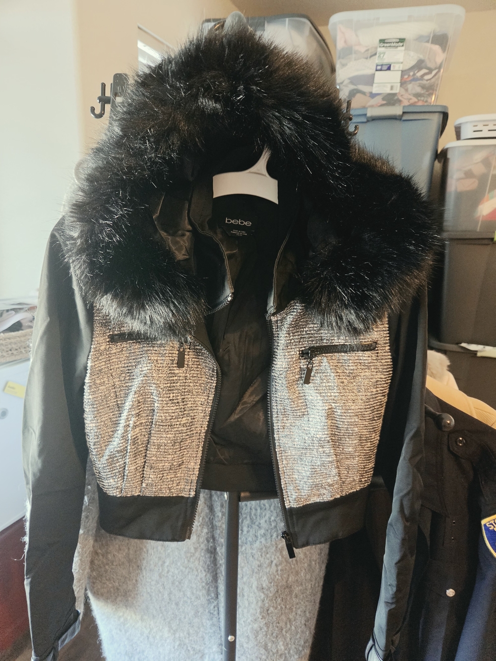 bebe Black Bomber Jacket with Tweed Front and Faux Fur Hood